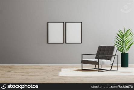 Two blank empty vertical frame mock up in empty room with gray armchair and green plant, empty gray wall and wooden floor, gray room interior background, scandinavian style, 3d render