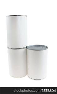 two blank food cans stacked next to a single food can isolated on white