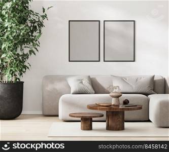 Two blank frames mock up in modern living room interior, minimalist style, 3d rendering