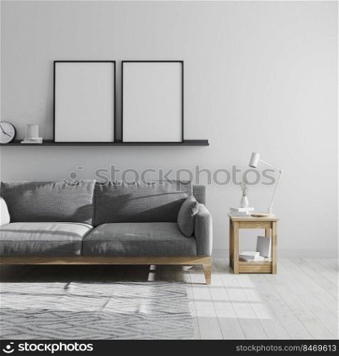 two blank poster frame mock up on shelf in gray living room interior background, scandinavian style living room interior , minimalist room with grey sofa, 3d rendering
