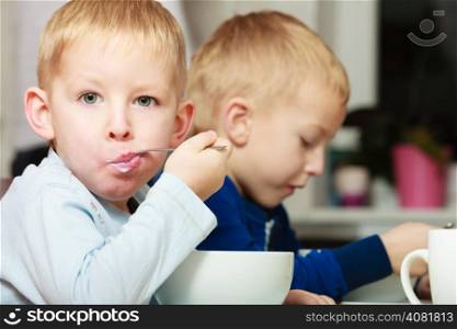 Two blond brothers boys kids children eating corn flakes breakfast morning meal at the table. Home.