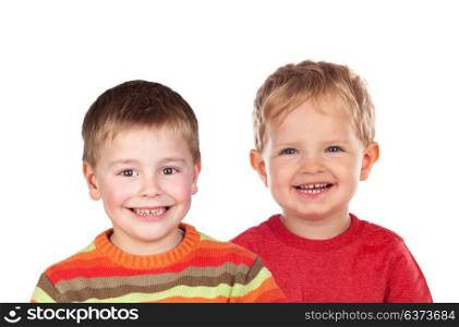 Two blond children laughing isolated on a white backround