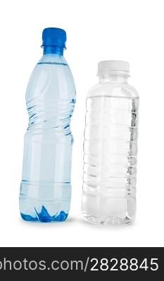 two blue and noncolored bottle with water isolated