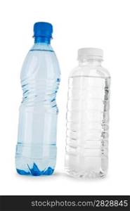 two blue and noncolored bottle with water isolated