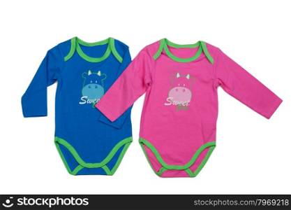 Two blue and pink baby clothes with print hippopotamus. Isolate on white.