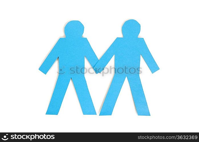 Two blue paper stick figures holding hands over white background