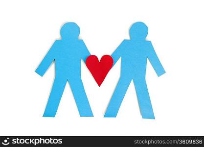 Two blue stick figures holding a red heart over white background