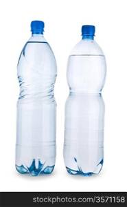 two blue transparent bottle with water isolated on a white background