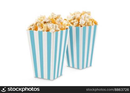 Two blue white striped carton buckets with tasty cheese popcorn, isolated on white background. Movies, cinema and entertainment concept.