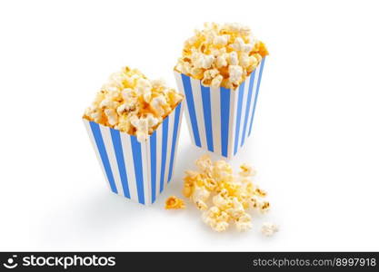 Two blue white striped carton buckets with tasty cheese popcorn, isolated on white background. Movies, cinema and entertainment concept.