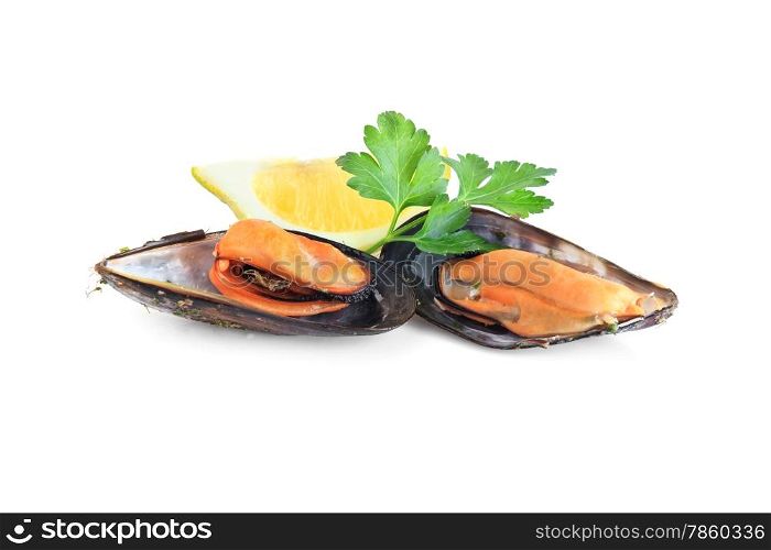 two boiled mussels with parsley and lemon isolated over white background