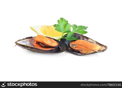 two boiled mussels with parsley and lemon isolated over white background