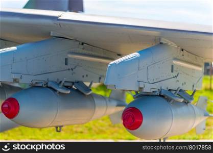two bombs on military aviation bomber closeup