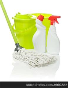 two bottles mop and bucket