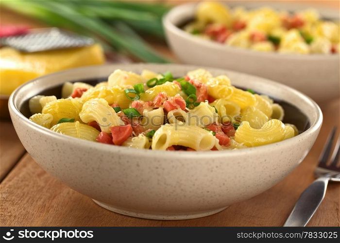 Two bowls full of fresh homemade elbow macaroni pasta with sausage pieces, grated cheese and green onion (Selective Focus, Focus one third into the first dish)