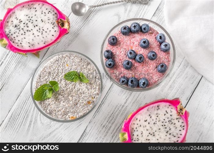 Two bowls of chia pudding with blueberries and pitaya