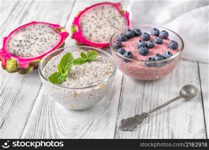 Two bowls of chia pudding with blueberries and pitaya