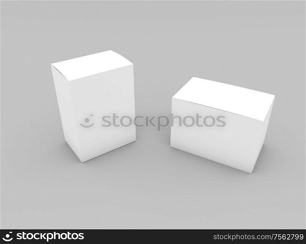 Two box mockup on gray background. 3d render illustration.. Two box mockup on gray background.