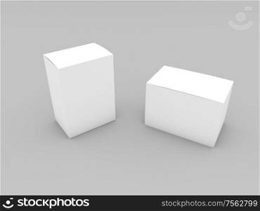 Two box mockup on gray background. 3d render illustration.. Two box mockup on gray background.