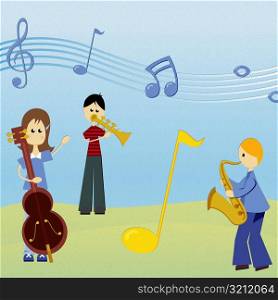 Two boys and a girl playing musical instruments