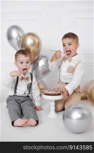 Two boys celebrating birthday, children have a B-day party. Birthday cake with candles and balloons. Happy kids eating cake, celebration, white minimalist interior. Two boys celebrating birthday, children have a B-day party. Birthday cake with candles and balloons. Happy kids eating cake, celebration, white minimalist interior.