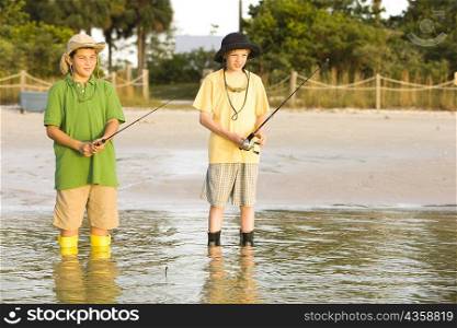 Two boys fishing in a lake