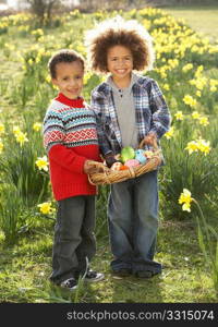 Two Boys Having Easter Egg Hunt In Daffodil Field