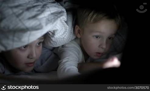 Two boys lying under blanket in bed at night watching cartoon or movie on touch pad