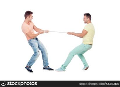 Two boys pulling a rope isolated on a white background