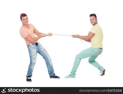 Two boys pulling a rope isolated on a white background
