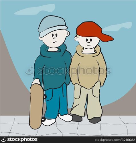 Two boys standing together and holding a skateboard