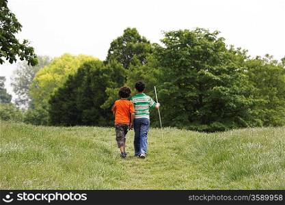 Two Boys Walking Across Meadow