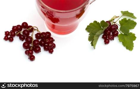 two branches of currant and between them a juice mug, isolate, a subject of berry and drinks