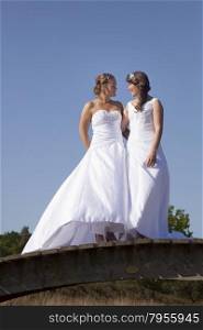 two brides on wooden bridge against blue sky background hold each other