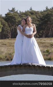 two brides on wooden bridge against forest background hold each other