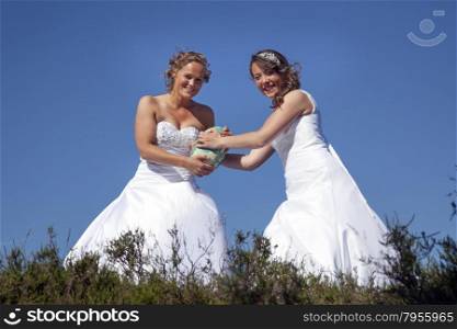 two brides play rugby against blue sky background on hill with heather
