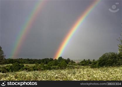 Two bright rainbow over green field in summer.