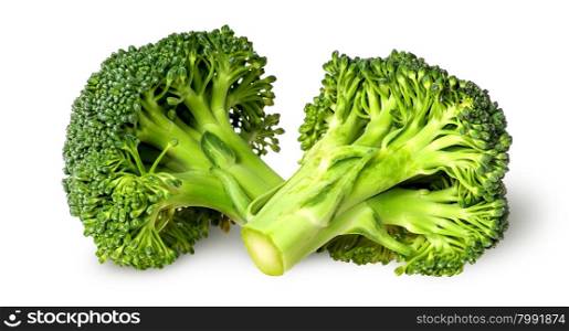 Two broccoli florets beside isolated on white background