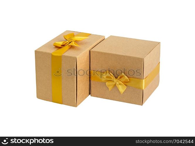 Two brown gift box with gold bow isolated on white background