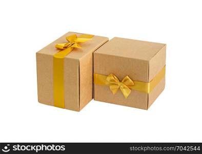 Two brown gift box with gold bow isolated on white background