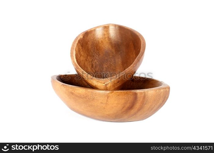 Two brown wooden bowl isolated on white