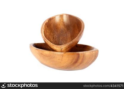 Two brown wooden bowl isolated on white