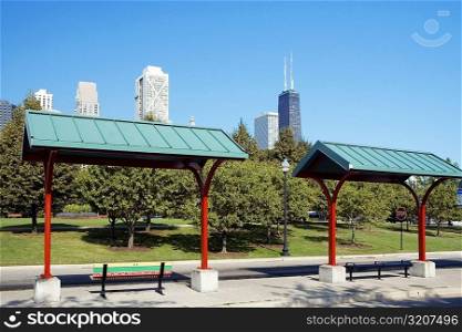 Two bus stops on the street, Navy Pier, Chicago, Illinois, USA