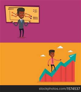 Two business banners with space for text. Vector flat design. Horizontal layout. Businessman standing on growth chart. Cheerful businessman running along the growth graph. Business growth concept.. Two business banners with space for text.