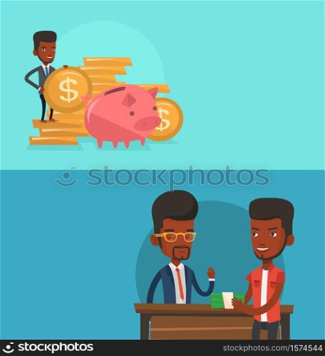 Two business banners with space for text. Vector flat design. Horizontal layout. Businessman putting money in a big piggy bank. Businessman saving his money in a piggy bank. Saving money concept.. Two business banners with space for text.