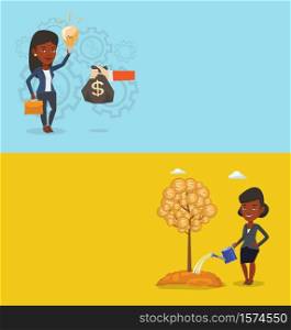 Two business banners with space for text. Vector flat design. Horizontal layout. Woman watering tree and investing money in business. Illustration of investment money in business. Investment concept.. Two business banners with space for text.