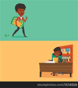 Two business banners with space for text. Vector flat design. Horizontal layout. Woman walking with briefcase full of money and committing economic crime. Woman stealing money. Economic crime concept.. Two business banners with space for text.