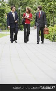 Two business men and woman walking through park