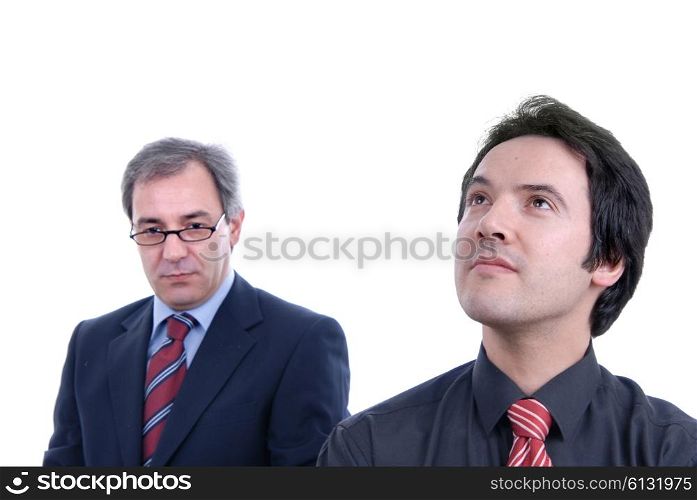 two business men portrait on white. focus on the right man