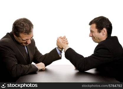 two business men wrestling isolated on white background